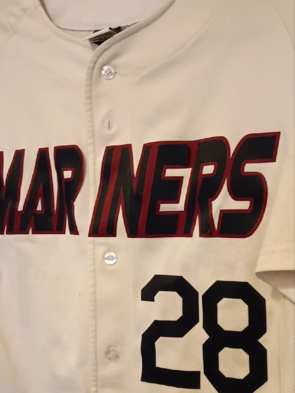White Mariners Button-Front Jersey with Black & Red Accents - Picture 4 of 7